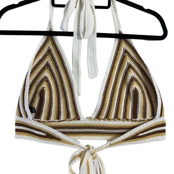 Windsor Crochet Striped Crop Top Size XL Brown Beige White V Neck Tie On Blouse - Picture 8 of 12